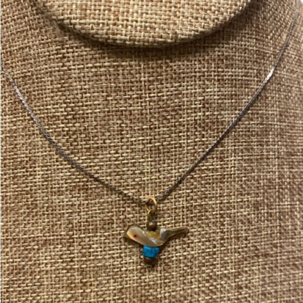 Vintage native crafted Necklace. Dainty bird pendant, Silver toned & Turquoise